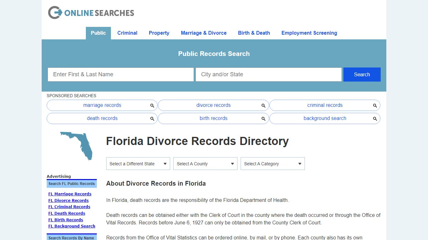 Florida Divorce Records Search Directory - OnlineSearches.com